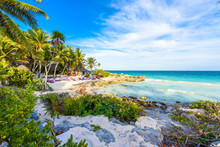 Recreation At Paradise Beach Resort With Turquoise Waters Of Caribbean Sea At Tulum, Close To Cancun, Riviera Maya, Tropical Destination For Vacation, Mexico