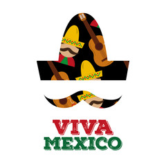 Poster - viva mexico black hat mustache man guitar background vector illustration