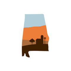 alabama state shape with farm at sunset w windmill, barn, and a tree