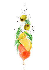 Wall Mural - Twisted salmon slice with slices of lemon in dynamic motion on white background