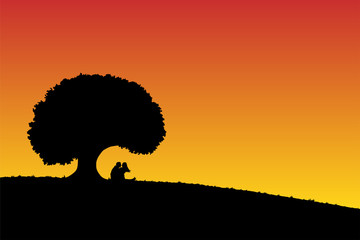 Sticker - Lovers under tree at sunset. Vector illustration with silhouette of loving couple under evening sky. Bright gradient background.