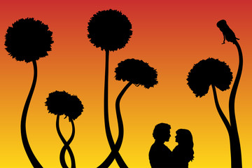 Sticker - Lovers and dandelions at sunset. Vector illustration with silhouette of loving couple under evening sky. Bright gradient background