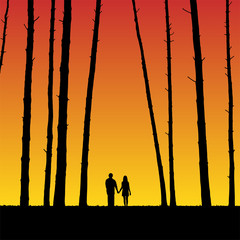 Sticker - lovers in forest at sunset. vector illustration with silhouette of loving couple under evening sky. 