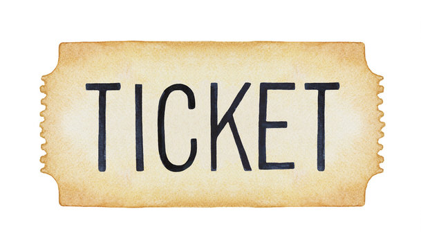 Entry ticket illustration. One single object, top view, stylized classic simple design. Black font, light brown paper. Hand drawn water color graphic template draw on white background, cut out.