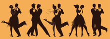 Silhouettes Of Five Couples Wearing Clothes In The Style Of The Twenties Dancing Retro Music