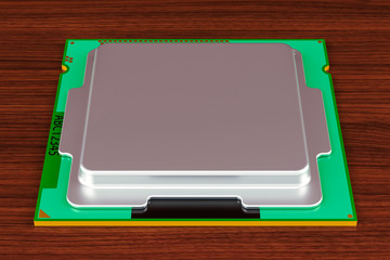 Poster - CPU computer processor unit on the wooden table. 3D rendering