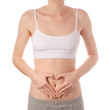 © Kabardins photo - Young beautiful woman in white t-shirt top bra hands in heart belly health beauty