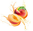 peaches in juice splash isolated on a white background