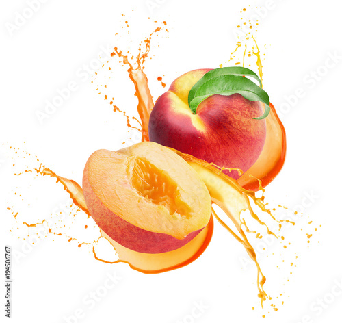 Cuadros en Lienzo peaches in juice splash isolated on a white background