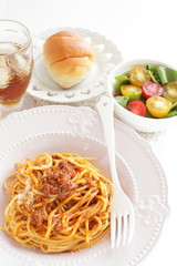 Wall Mural - Italian food, meat sauce spaghetti and salad