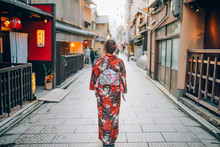 Young Women In Kimono At Gion, Kyoto