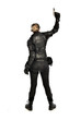 © faestock - full length portrait of female  soldier wearing black  tactical armour, holding a gun, isolated on white studio background.