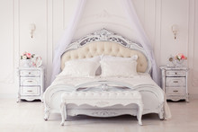 Bright, Cozy Stylish Interior Bedroom Beautiful Rich Antique Furniture Four-poster Bed With Canopy