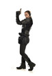 © faestock - full length portrait of female  soldier wearing black  tactical armour, holding a gun, isolated on white studio background.