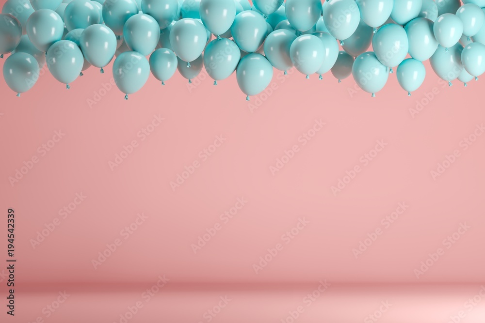 Blue balloons floating in pink pastel background room studio. minimal idea creative concept. - obrazy, fototapety, plakaty 