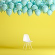 © HappyAprilBoy - White chair with floating blue balloons in yellow background room studio. minimal idea creative concept.