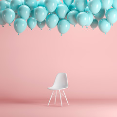 Wall Mural - White chair with floating blue balloons in pink pastel background room studio. minimal idea creative concept.