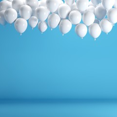 Wall Mural - White balloons floating in blue pastel background room studio. minimal idea creative concept.