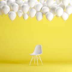Wall Mural - White chair with floating white balloons in yellow background room studio. minimal idea creative concept.