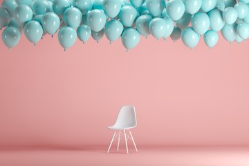 white chair with floating blue balloons in pink pastel background room studio. minimal idea creative