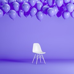 Wall Mural - White chair with floating violet balloons in violet pastel background room studio. minimal idea creative concept.