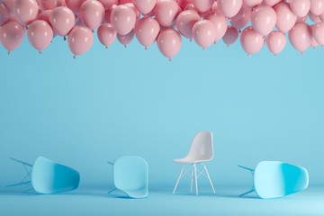 Wall Mural - Outstanding white chair with floating pink balloons in blue pastel background room studio. minimal idea creative concept.