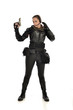 © faestock - full length portrait of female  soldier wearing black  tactical armour, holding a gun, isolated on white studio background.
