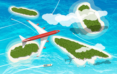 Wall Mural - Airplane flies above few tropical islands