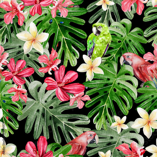 Beautiful bright watercolor pattern with tropical leaves and flowers Plumeria...