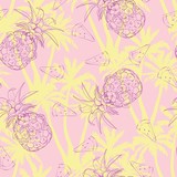 Fototapeta Storczyk - Pineapples background. Vector seamless pattern with tropical fruit. Black and white. Sketch illustration.