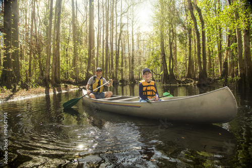 Fotografie, Obraz Adventuresome Father and son canoeing together on a beautiful river in a thick f
