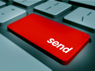 Red SEND Button on Computer Keyboard. 3D render.