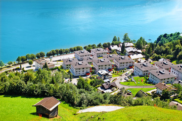 Wall Mural - beautiful landscape with blue water, shot from above,  Zell am See, Austria