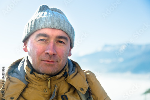 portrait of serious cragsman man in mountains Tableau sur Toile