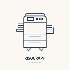 Poster - Risograph printer with paper flat line icon. Office printing device sign. Thin linear logo for printery, equipment store.