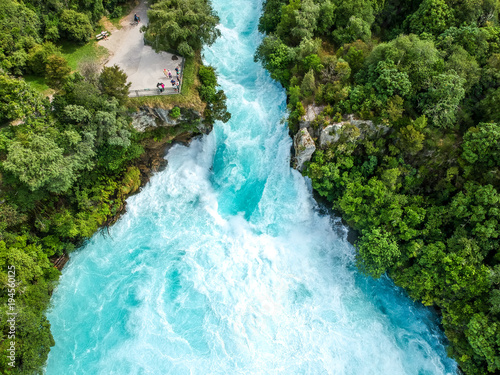 Stunning Aerial Wide Angle Drone View Of Huka Falls Waterfall