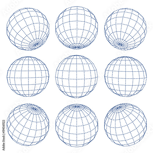 Set of 3d spheres globe earth grid from different sides. Horizontal and ...