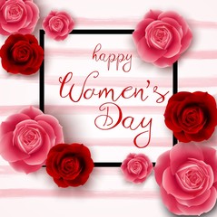 Wall Mural - 8 March. Abstract red floral greeting card. International happy women's day with square on pink background