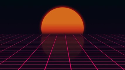 Poster - Retro futuristic landscape with sunset 1980s style, digital summer landscape with grid surface, 3D rendering backdrop