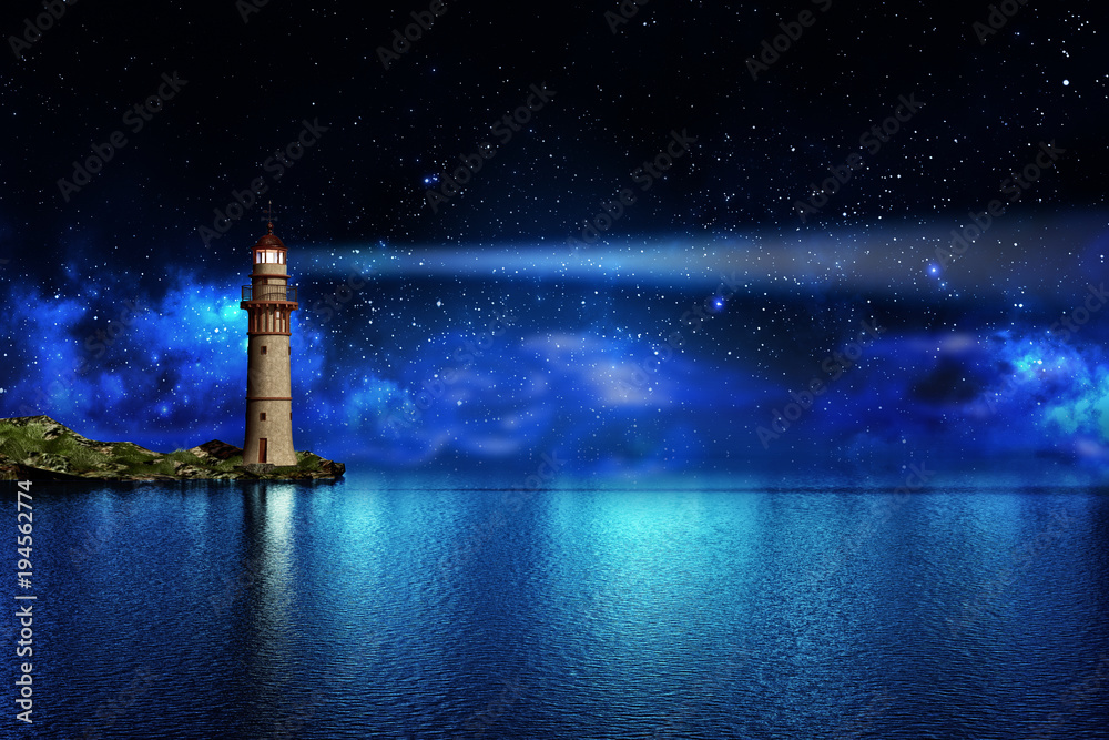 Safety and hope concept, a lighthouse on a tropical island on the ocean with a beam of light in the night sky with stars - obrazy, fototapety, plakaty 