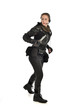© faestock - full length portrait of female  soldier wearing black  tactical armour, holding a remote knife, isolated on white studio background.