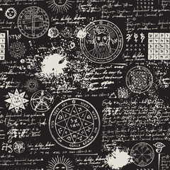 Wall Mural - Vector texture, seamless background on the theme of old manuscript with occult lyrics and symbols. Medieval papyrus with blots and spots in retro style