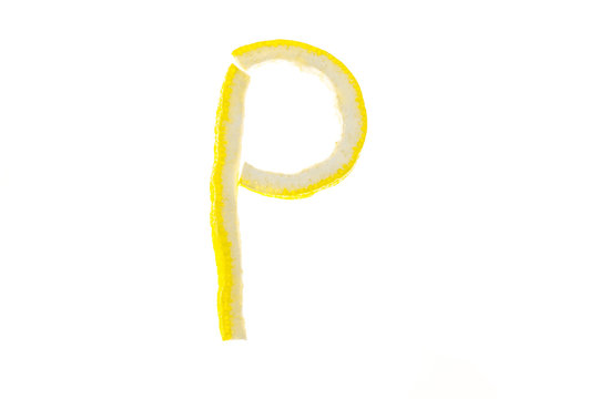 Letters of english alphabet from citron of lemon isolated on white background. P