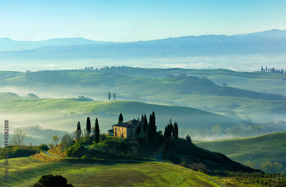Morgenstimmung in der Toskana, Rollende Hügel mit Nebel, Morgenlicht, Val d’Orcia, Toskana, Italien - obrazy, fototapety, plakaty 