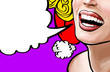 Pop art illustration beautiful smiling young Christmas woman, face detail. Pop art woman with speech bubble. Vintage advertising poster. Comics xmas femalel face.