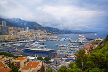 Monaco, Panoramic View Of Port De Fontvieille. French Riviera, Azur Coast. Bay With A Lot Of Luxury Yachts.