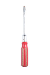 Old and used red screwdriver flat mouth, Flat-blade screwdriver isolated on a white background. Path saved