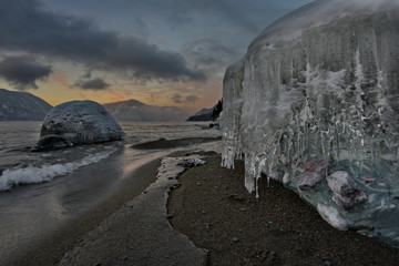 Russia. Mountain Altai. Sunset on lake Teletskoye.