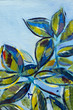 Vibrant multi-colored original oil painting close up detail showing brushwork and canvas textures - leaves