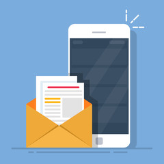 Poster - Mail client on the mobile phone. The concept of sending letters from a smartphone. Flat vector illustration isolated on blue background.